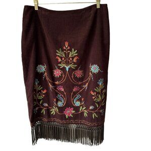 Elizabeth Dalton Sz16 Brown Micro Corduroy Embroidered Midi Pencil Skirt Fringe
